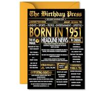 Gold 74th Birthday Card for Men Women - Black & Golden Newspaper Born in 1951 - Happy 74 Birthday Cards for Sister Cousin Auntie Dad Nan Nanny, 5x7 Inch Bday Greeting Cards
