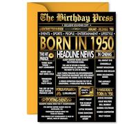 Gold 75th Birthday Card for Men Women - Black & Golden Newspaper Born in 1950 - Happy 75 Birthday Cards for Grandad Dad Brother Sister Grandma Auntie, A5 Bday Greeting Cards