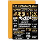 Gold 75th Anniversary Card for Men Women - Golden Newspaper Married in 1950 - Happy 75 Year Wedding Anniversary Card for Partner Wife Companion Husband, A5 Anniversaries Greeting Cards