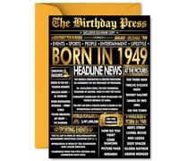 Gold 76th Birthday Card for Men Women - Black & Golden Newspaper Born in 1949 - Happy 76 Birthday Cards for Dad Brother Sister Grandma Auntie Nan, A5 Bday Greeting Cards