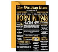 Gold 77th Birthday Card for Men Women - Black & Golden Newspaper Born in 1948 - Happy 77 Birthday Cards for Brother Sister Grandma Auntie Nan Cousin, A5 Bday Greeting Cards