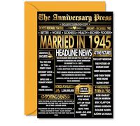 Gold 80th Anniversary Card for Men Women - Golden Newspaper Married in 1945 - Happy 80 Year Wedding Anniversary Card for Husband Partner Wife Companion, A5 Anniversaries Greeting Cards