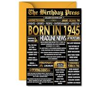 Gold 80th Birthday Card for Men Women - Black & Golden Newspaper Born in 1945 - Happy 80 Birthday Cards for Grandad Uncle Nanny Dad Wife Nan, A5 Bday Greeting Cards