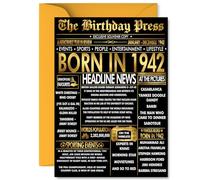 Gold 83rd Birthday Card for Men Women - Black & Golden Newspaper Born in 1942 - Happy 83 Birthday Cards for Dad Wife Nan Husband Auntie Grandma, A5 Bday Greeting Cards