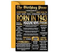 Gold 82nd Birthday Card for Men Women - Black & Golden Newspaper Born in 1943 - Happy 82 Birthday Cards for Nanny Dad Wife Nan Husband Auntie, A5 Bday Greeting Cards