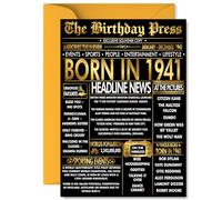Gold 84th Birthday Card for Men Women - Black & Golden Newspaper Born in 1941 - Happy 84 Birthday Cards for Wife Nan Husband Auntie Grandma Grandad, A5 Bday Greeting Cards