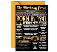 Gold 84th Birthday Card for Men Women - Black & Golden Newspaper Born in 1941 - Happy 84 Birthday Cards for Wife Auntie Nanny Uncle Grandma Husband, 5x7 Inch Bday Greeting Cards