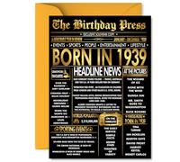 Gold 86th Birthday Card for Men Women - Black & Golden Newspaper Born in 1939 - Happy 86 Birthday Cards for Nanny Uncle Grandma Husband Dad Nan, 5x7 Inch Bday Greeting Cards