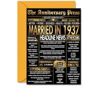 Gold 88th Anniversary Card for Men Women - Golden Newspaper Married in 1937 - Happy 88 Year Wedding Anniversary Card for Husband Partner Wife Companion, A5 Anniversaries Greeting Cards