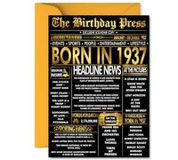Gold 88th Birthday Card for Men Women - Black & Golden Newspaper Born in 1937 - Happy 88 Birthday Cards for Grandma Grandad Uncle Nanny Dad Wife, A5 Bday Greeting Cards