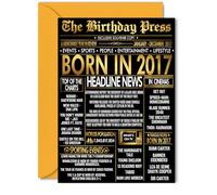 Gold 8th Birthday Card for Boys Girls - Black & Golden Newspaper Born in 2017 - Happy 8 Birthday Cards for Son Granddaughter Grandson Brother Daughter Sister, 5x7 Inch Bday Greeting Cards