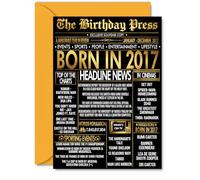 Gold 8th Birthday Card for Boys Girls - Black & Golden Newspaper Born in 2017 - Happy 8 Birthday Cards for Son Granddaughter Grandson Brother Daughter Sister, A5 Bday Greeting Cards
