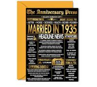 Gold 90th Anniversary Card for Women Men - Golden Newspaper Married in 1935 - Happy 90 Year Wedding Anniversary Card for Husband Partner Wife Companion, 5x7 Inch Anniversaries Greeting Cards