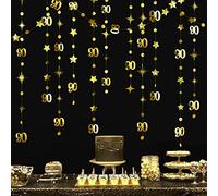 Gold 90th Birthday Decorations Number 90 Circle Dot Twinkle Star Garland Metallic Hanging Streamer Bunting Banner Backdrop for Women Mens 90 Year Old Birthday Nighty Anniversary Party Supplies…