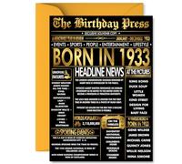 Gold 92nd Birthday Card for Men Women - Black & Golden Newspaper Born in 1933 - Happy 92 Birthday Cards for Dad Wife Nan Husband Auntie Grandma, A5 Bday Greeting Cards