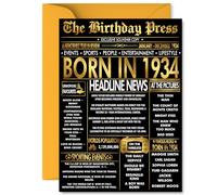 Gold 91st Birthday Card for Men Women - Black & Golden Newspaper Born in 1934 - Happy 91 Birthday Cards for Nanny Dad Wife Nan Husband Auntie, A5 Bday Greeting Cards