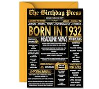 Gold 93rd Birthday Card for Men Women - Black & Golden Newspaper Born in 1932 - Happy 93 Birthday Cards for Wife Nan Husband Auntie Grandma Grandad, A5 Bday Greeting Cards