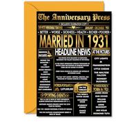 Gold 94th Anniversary Card for Men Women - Golden Newspaper Married in 1931 - Happy 94 Year Wedding Anniversary Card for Wife Companion Husband Partner, A5 Anniversaries Greeting Cards