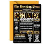 Gold 94th Birthday Card for Men Women - Black & Golden Newspaper Born in 1931 - Happy 94 Birthday Cards for Auntie Nanny Uncle Grandma Husband Dad, 5x7 Inch Bday Greeting Cards