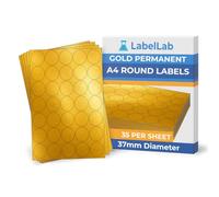 Gold A4 Round Labels - Metallic Gold Laser Printer Circle Labels, Printable Sheet Labels, Permanent Adhesive - LabelLab (25, 37mm Round Labels)