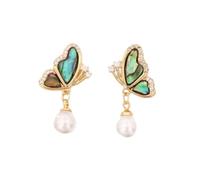 Gold Abalone Shell Butterfly Drop Earrings, Iridescent Shell Wing with Rhinestone and Teardrop Pearl Dangle Earrings, Elegant Wedding Jewelry for Women