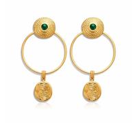 Gold Abstract Geometric Drop Earrings for Women - Textured Fingerprint Charm with Green Stone Accent, Modern Sculptural Hoop Dangles for Art Lovers and Daily Wear