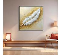 Gold Abstract Wall Art Pictures Artwork For Modern White Feather Posters Home Decor Ready to Hang 75x75cm(30x30inch) with Black Frame
