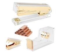 Gold Acrylic Stapler Set Desk Accessory & Decoration Kit for Gift, Stapler with 1000 Pcs Staples and Staple Remover, Tape Dispenser, Gold Stapler Bundle Office Supplies Set