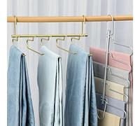 Gold Aluminum Alloy Magic Pants Hangers Space Saving Closet Hangers 5 Layers 4 Uses Multi Functional Pants Rack Heavy Duty Wardrobe Organizer Racks for Jeans, Suit Pants， Towel (2 Pack)