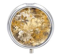 Gold and Beige Flowers Pill Box, 3 Compartment Small Pill Case Waterproof Travel Pill Organizer for Pocket Or Purse Portable Mini Medicine Tablet Vitamin Holder Pill Case