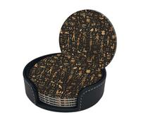 Gold and Black Ancient Egyptian Gods and Hieroglyphs Microfiber Pu Leather Coaster Set of 6 for Drinks with Holder, Cups Place Mats for Home Decor,Round Mat Pad for Cups Mugs