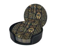Gold and Black Ancient Egyptian Gods and Hieroglyphs Microfiber Pu Leather Coaster Set of 6 for Drinks with Holder, Cups Place Mats for Home Decor,Round Mat Pad for Cups Mugs
