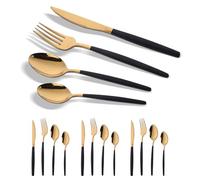 Gold and Black Stainless Steel Cutlery Set - 16 Piece Silverware Service for 4 With Golden Plated Flatware, Knife Fork Spoon - Durable and Dishwasher Safe