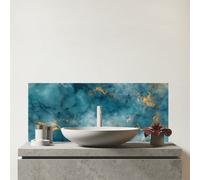 Warren Reed - Designer Gold And Blue Marble Effect Glass Bathroom Splashback, Multi
