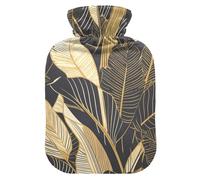 Gold and Gray Banana Leaf Simple Lines hot Water Bottles with Soft Cover, 1L hot compresses for The Body for Period Cramps, Neck and Shoulder Pain Relief, Bolsa Caliente para Dolores musculares