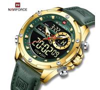(Gold And Green, 260mm) Naviforce NF9208 Dual Display Quartz Analog LCD Digital Men's Watch Leather Strap