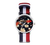Gold and Red Japanese Fish Casual Nylon Braided Strap Watch Unisex Non-Scale Wristwatch Easy Read Analog Watches