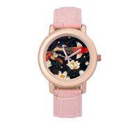 Gold and Red Japanese Fish Leather Fashion Women Watch Simplicity Round Wristwatch Easy Reader Ladies Watches