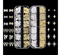 Gold and Silver 3D Nail Charms with Star and Ribbon Designs for Creative Manicures - Premium Flat Back Rhinestones and Gems in Organised Compartments for DIY Nail Art and Personalised Decorations