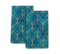 Gold and Teal Moroccan Kitchen Towels with Hanging Loop, 16x24 Inch Ramadan Dish Towels Bathroom Hand Towels Set of 2 Soft Absorbent Tea Towels