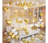 Gold and White Anniversary Decorations Valentines Day Balloons Kit with Happy Anniversary Banner Heart I Love You Balloons Red Felt Heart Hanging String Rose Petals for Valentines Romantic Decorations