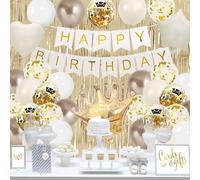 Gold and White Birthday Decorations - Happy Banner, Beige Neutral Decor, Champagne Curtain, Foil Balloon, Cake Decoration for Party Supplies