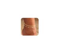 Gold Ankle Bracelets for Women,14K Gold Plated Layered Sparkling Heart-shaped Waterproof Anklets, Lightweight Cuban Links Figaro Chains Summer Beach Jewelry Gifts for Woman (Pearl Cuban chain)
