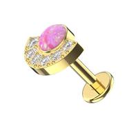 Gold Anodized G23 Grade Titanium Pink Opal Stone with Cz Stone Setting in Half Moon Design Top Push Fit 16 Gauge - 9mm Length Lip Labret - Tragus Bar Piercing - Labret Stud Helix - Tragus Earring