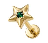 Gold Anodized G23 Grade Titanium Twin Five-Point Star with Green Cz Stone Design Push Fit Top 18 Gauge - 10mm Length Lip Labret - Tragus Bar Piercing - Labret Stud Helix - Tragus Earring