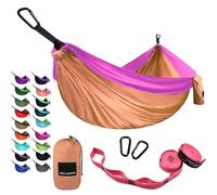 Gold Armour Camping Hammock - USA Brand Single Parachute Hammock (2 Tree Straps 10 Loops/20 ft Included) Lightweight Nylon Portable Adult Kids Hammock, Best Camping Accessories Gear (Peach/Pink)