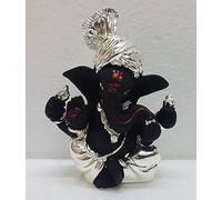 Gold Art India Ceramic Car Dashboard Ganesha Idol, 3 inches,1 Idol, (Silver Black)