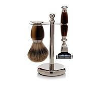 Gold Badger Shaving Set Faux Horn/Brass Fitting, Gala Lith/Silver Badger Tipped Hair