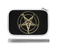 Gold Baphomet Inverted Pentacle Pewter Satanic Goat Pencil Case Holder Pouch Stationery Pen Bag PU Leather Organizer