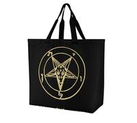 Gold Baphomet Inverted Pentacle Pewter Satanic Goat Reusable Grocery Bag Large Capacity Foldable Shopping Tote with Inner Pocket